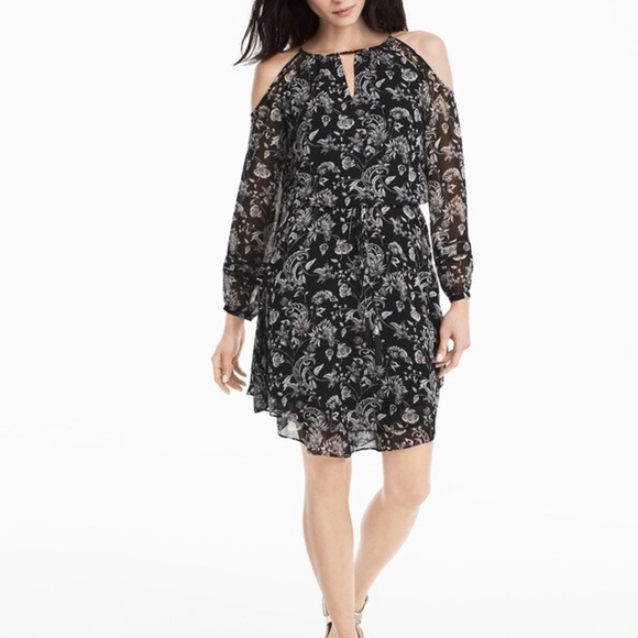 Ecru Floral Print Cold Shoulder Dress - Picture 1 of 3